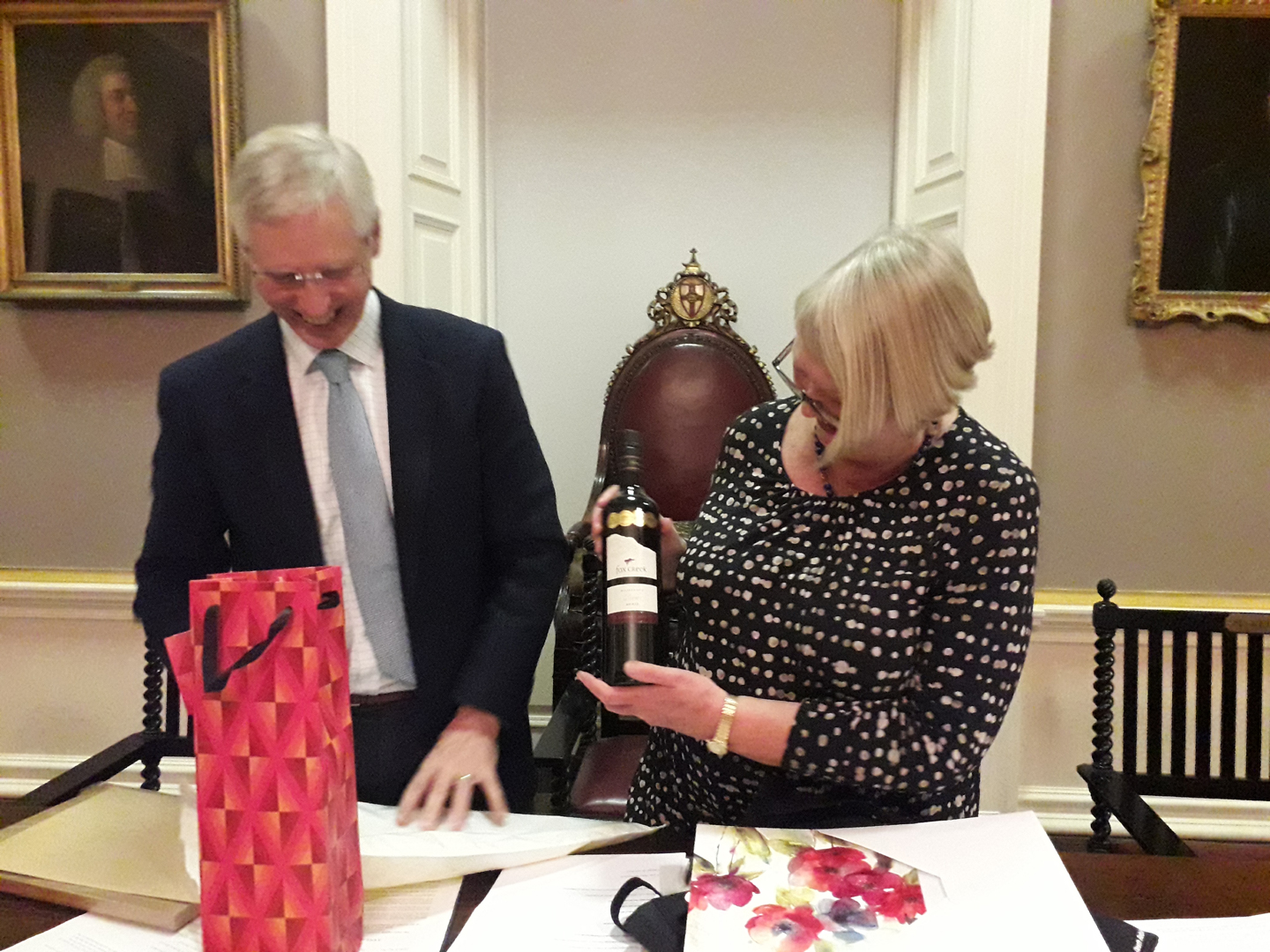 A lovely farewell to out-going IIC President, Sarah Staniforth (right), as we welcome in Julian Bickersteth (left) as the new President of IIC. Image courtesy of Jane Henderson