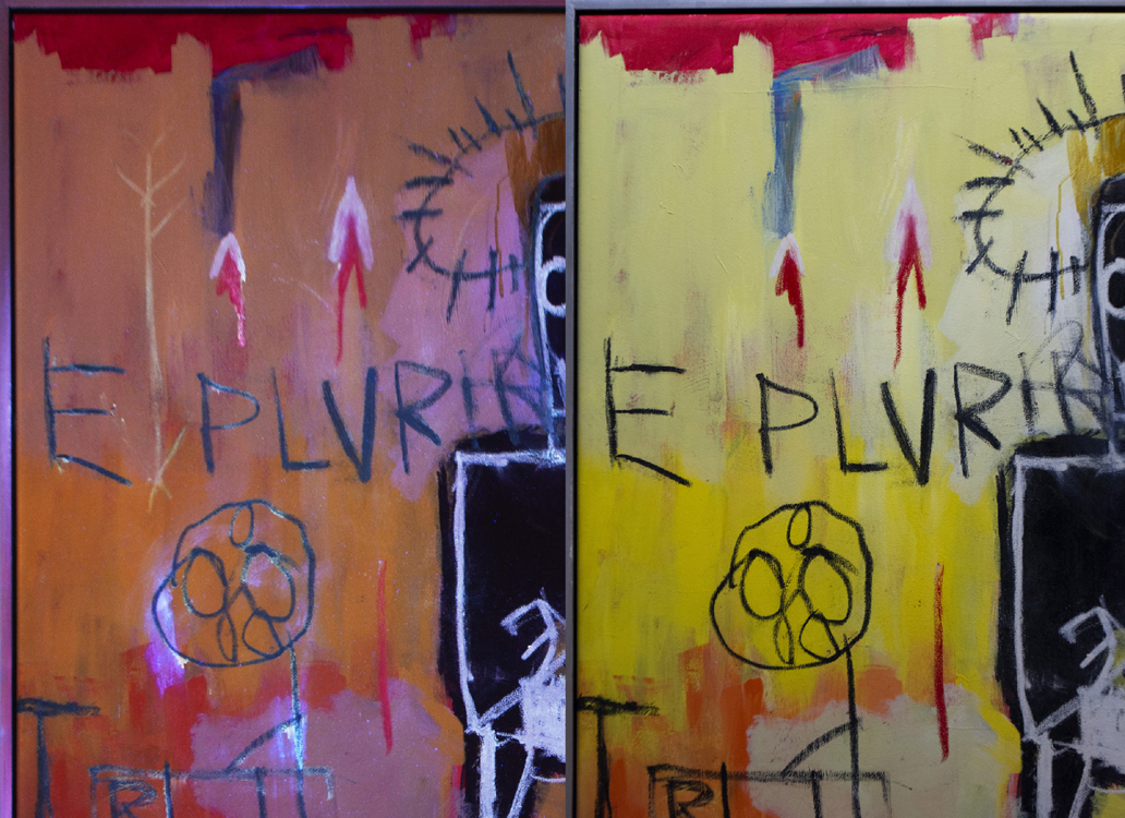 Details of the Jean-Michel Basquiat painting (Untitled, 1981). (Left) Arrow 1 visible when viewed using UV radiation. (Right) Arrow 1 invisible when viewed using visible light. Copyright Longevity Art Preservation.  