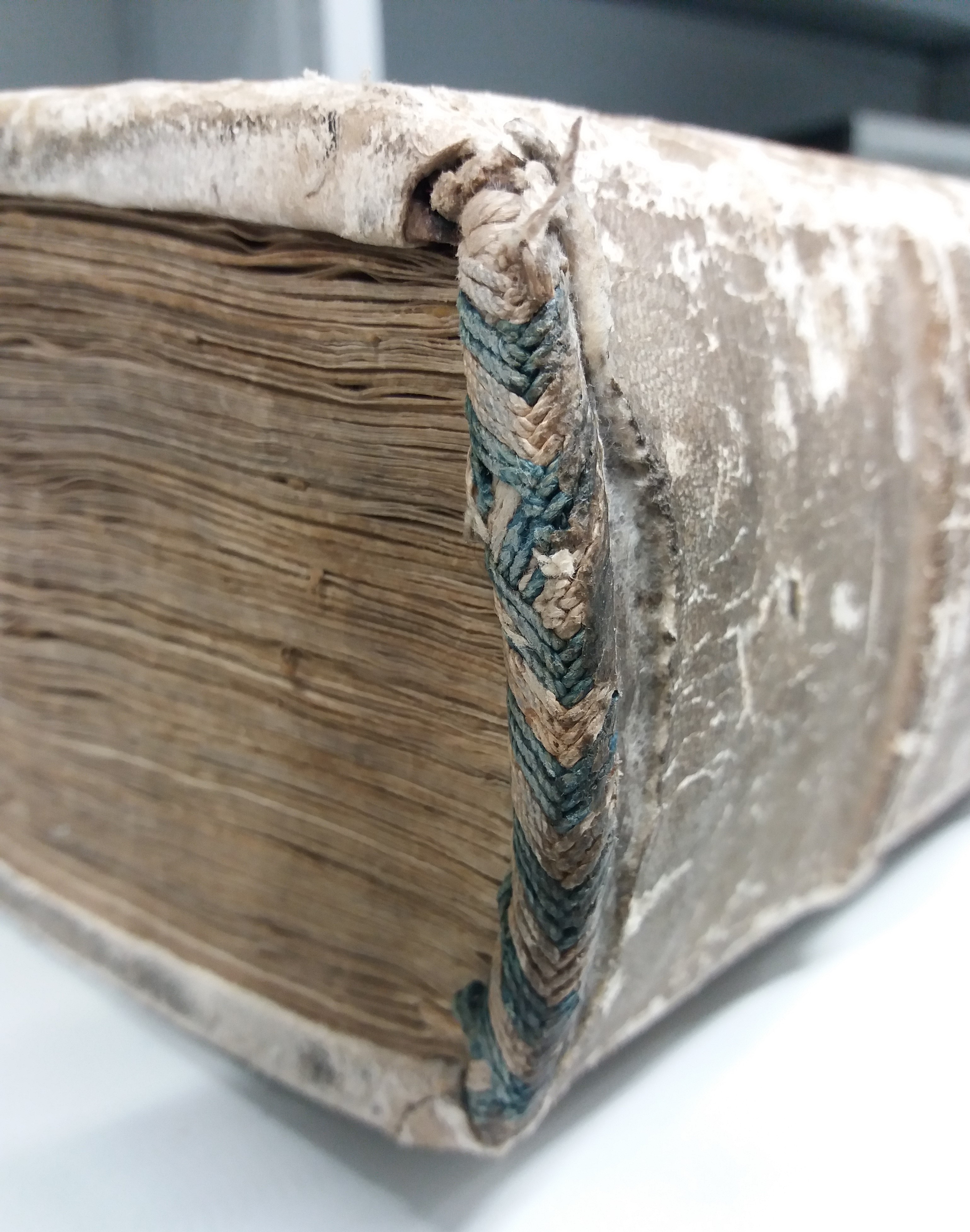 Cod. Graz, UB, Ms 198, showing a 12th century herringbone endband in blue and off-white linen or hemp thread. (image courtesy of the authors and the University of Graz)