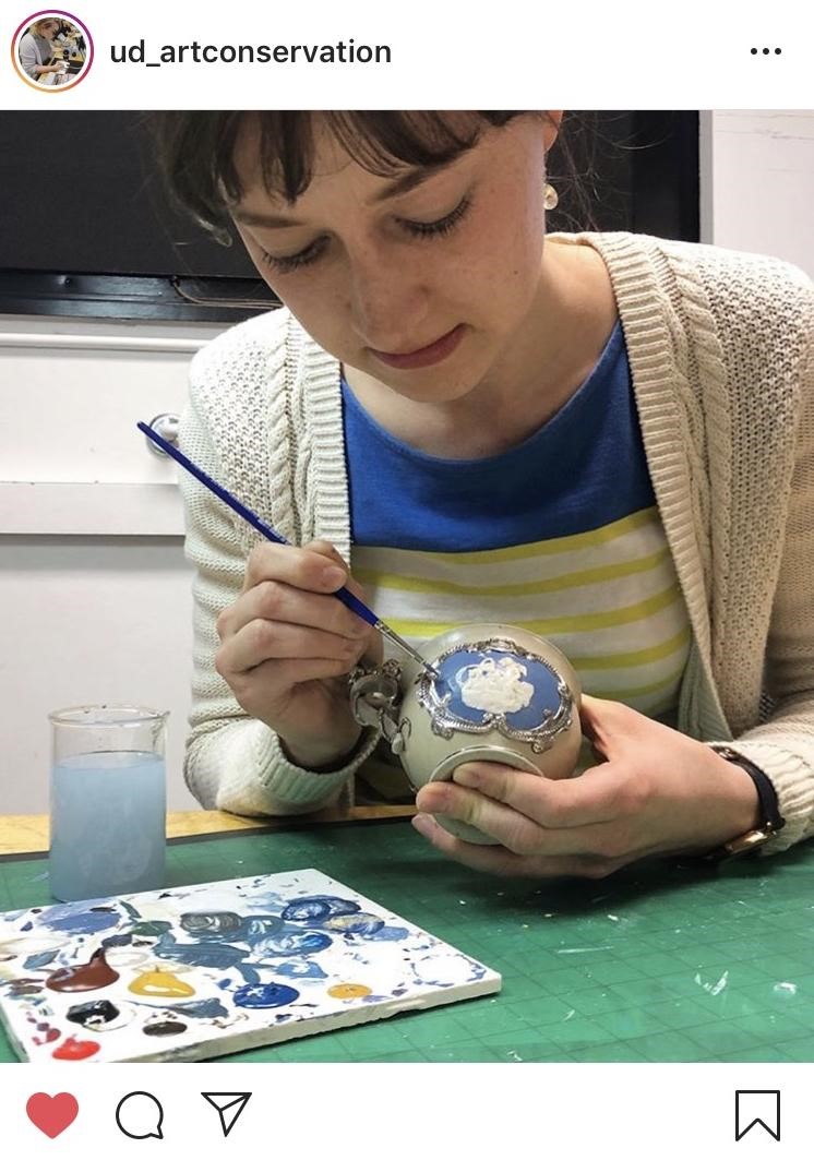 An example of a post from the @ud_artconservation Instagram account, featuring social media team member Marie Desrochers. Check out our account for more details in the captions! 