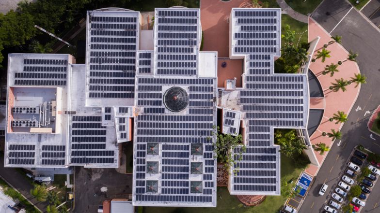 "We take advantage of our geographic condition to generate clean energy through a system of 1,209 solar panels that contribute to 50% of the energy consumption of the institution since its installation in 2018." Ruahidy Lombert. Image of the Archivo Centro León Jimenes solar panels (Top view) 2018. Image courtesy of Ruahidy Lombert/Centro León. 
